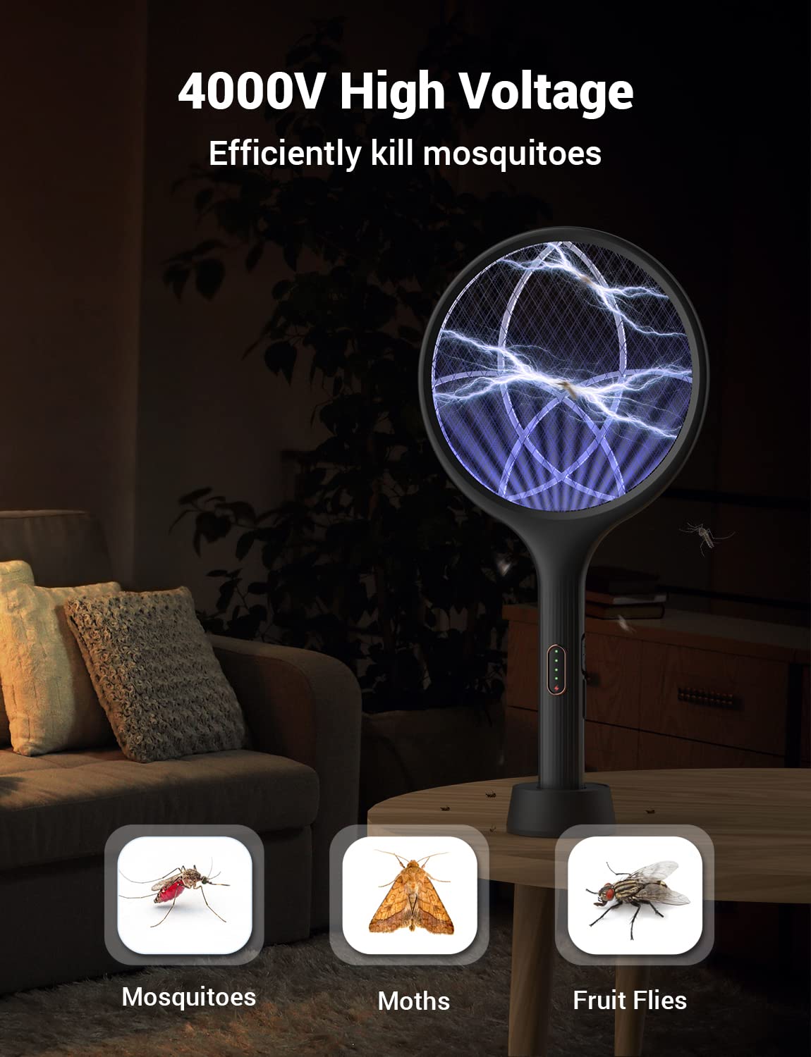 YISSVIC Electric Fly Swatter Bug Zapper Racket Dual Modes Mosquito Killer with Purple Mosquito Light Rechargeable for Indoor Home Office Backyard Patio Camping (Black 2 Pack)