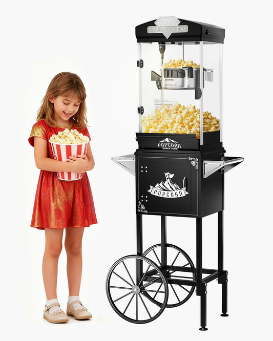 10 oz Popcorn Machine Cart, Popcorn Maker Machine with Wheel & Stainless-Steel Kettle Makes Up to 40 Cups, Vintage Movie Theater Style Pop Corn Machine, Black