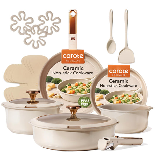 CAROTE 18Pcs Ceramic Cookware Set with Detachable Handle, Pots and Pans Set Non Stick, Non Toxic Cookware Set Removable Handles, Induction Kitchen Cookware Sets, Dishwasher/Oven Safe