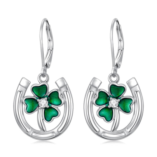 YYmqmq Horseshoe and Clover Earrings for Women 925 Sterling Sliver Shamrock Clover Dangle Earrings Leverback St Patricks Day Jewelry Irish Jewelry Gifts for Women Girlfriend