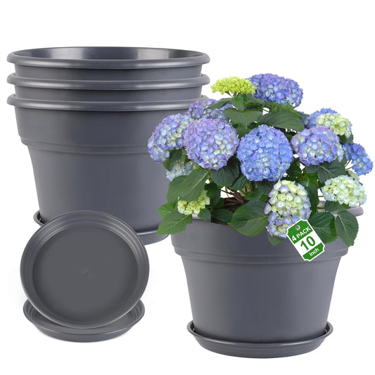 Myfeegoin 10-inch-Plant-Pots-Indoor-Outdoor, 4 Pack Plastic Planters with Drainage Holes & Saucers, Resin Flower Pots with Trays, Classic Garden Pot Container for House