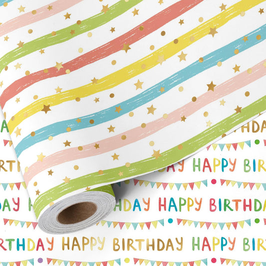 LaRibbons Reversible Happy Birthday Wrapping Paper, Colorful Birthday Lettering with Party Bunting, Stripe & Gold Foil Star Design on Back, Festive Gift Wrap for Party Celebration, Kids, Girls, Women, 17" x 33'