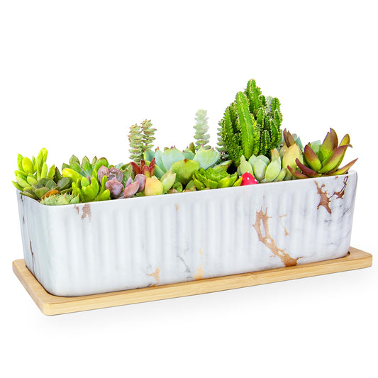 Rectangular Planter, 12 Inch Large Succulent Pots with Drainage Tray, Shallow Window Sill Planter for Indoor Cactus Flower Plants Ceramic Marble Window Box Planter Decorative Bonsai Plant Container