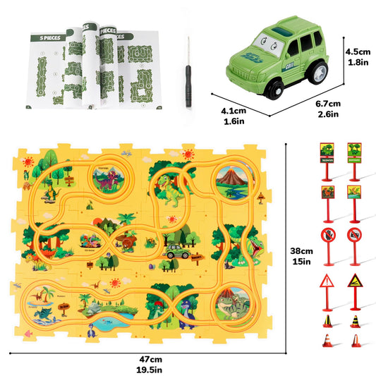 Plastic Dinosaur Puzzles for Kids with A Cute Car, Montessori Toys for 3 4 5 6 Year Old Boys, Race Tracks for Kids 3-5, Toddler Puzzle Track Play Set, Gifts for 3 4 5 6 Year Old Boys Toys