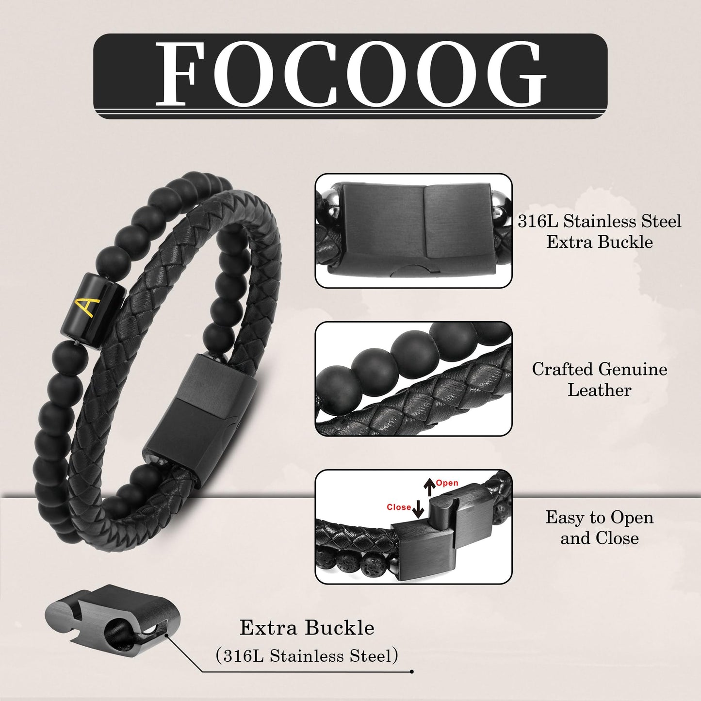 Mens Leather Bracelet with Initial - Men Gift Matte Agate Bead Magnetic Clasp Black Leather Bracelets Mens Gifts Men Bracelets with Initial N Bracelet for Men's Jewelry Men's Gifts for Dad Husband Him