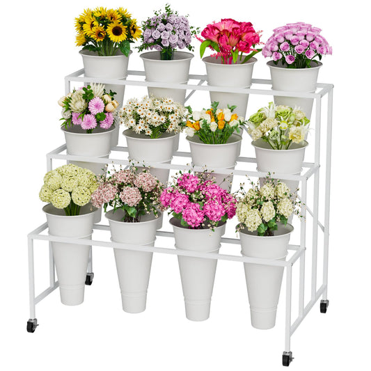 NEYCIL Flower Stand, 3-Tier Flower Display Stand with Buckets for Indoor Outdoor, Flower Cart Display Stand with Wheels for Courtyard, Balcony, Flower Shop, Wedding, Party, Exhibition (White)