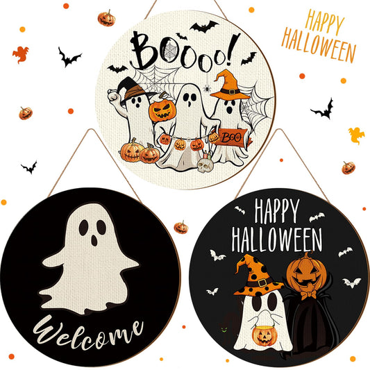 3 Pcs Happy Halloween Door Decorations Halloween Wreath Cute Ghost Pumpkin Front Door Decor Bat Hat Welcome Hanging Sign Wooden Front Hanger for Farmhouse Wall Indoor Home Decor