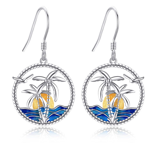 Palm Tree Dangle Earrings S925 Sterling Silver Coconut Tree Jewelry Palm Tree Earring Beach Sunrise Ocean Wave Earrings Gift For Women Female Birthday Gift