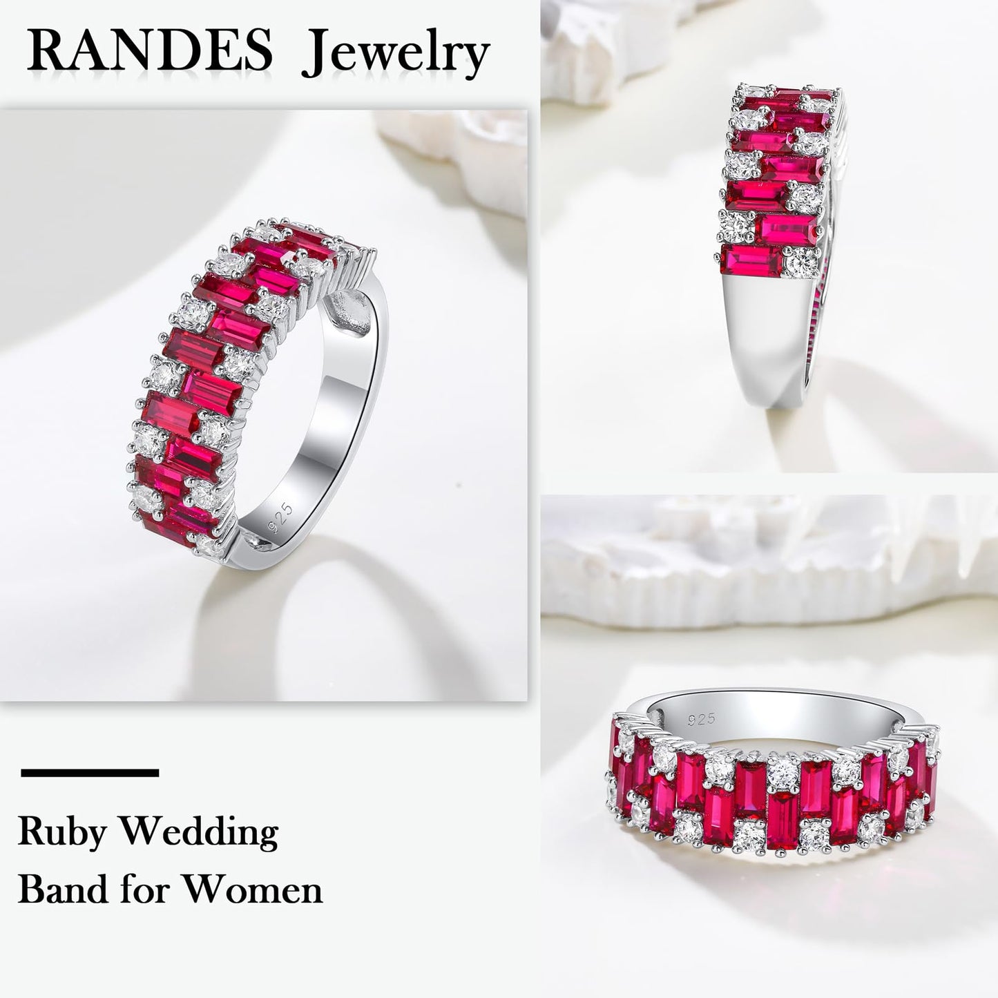 RANDES Cubic Zirconia Wedding Bands 925 Sterling Silver Ruby Rings for Women Emerald Cut Eternity Band Engagement Anniversary Ring Size 7