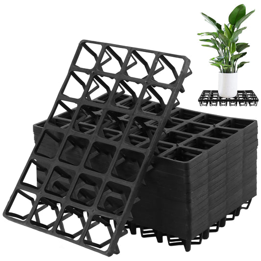 SINJEUN 12 Pack Square Nursery Pot Tray with 24 Holes, Black Plastic Nursery Trays for Carrying Small Plant Pots