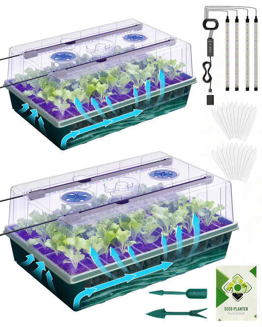 2PCS 120 Cell Self-Watering Seed Starter Tray Kit with Grow Light Humidity Dome,120-Cell Large Plant Seedling Tray, 3 Color Growing Light, Seed Starting Trays for Plant Germination（2PCS, 120 Cell）