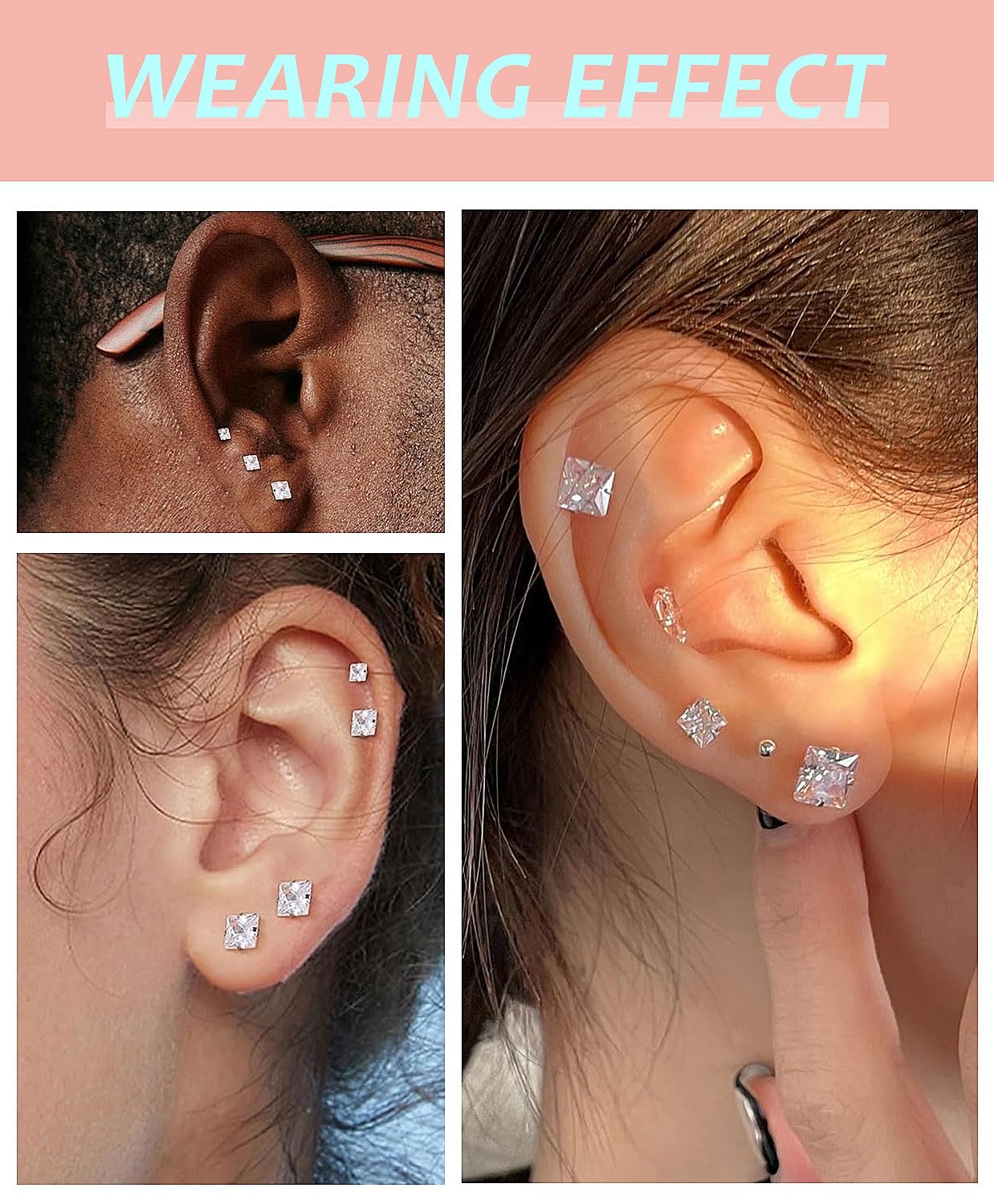Princess Cut Square CZ Stud Earrings Flat Back, Screw Back Small Gold Clear Cubic Zirconia Studs Earrings Set for Women Men, Pack of 3 Pairs (3mm 4mm 5mm)