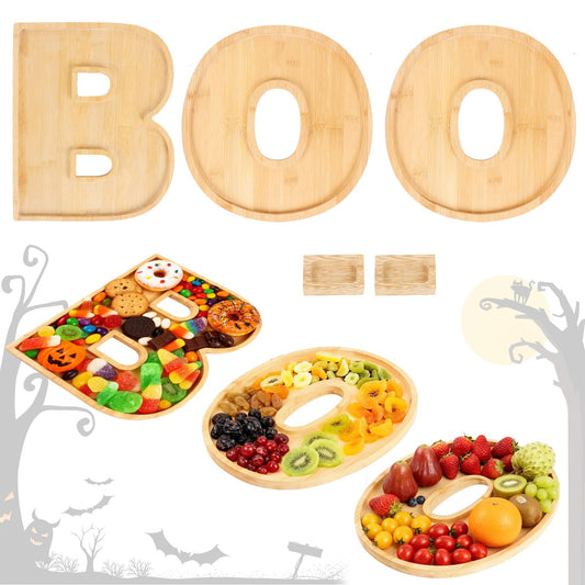 MAGLADY 5Pcs BOO Halloween Charcuterie Board Set, Bamboo Wood Serving Tray Platter with 2 Dipping Saucers Fruit Snack Candy Cupcake Tray Table Decor for Halloween Party