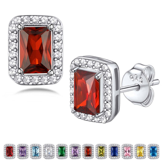 Bestyle 925 Sterling Silver Birthstone Earrings Love Square Cut Cubic Zirconia Stud, Brilliant Created July Ruby Earrings for Women