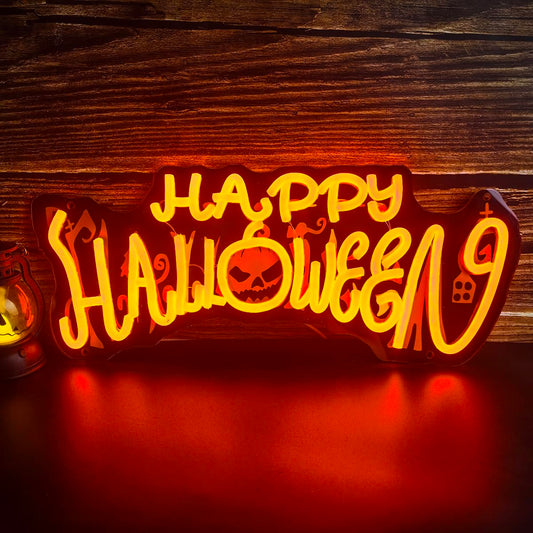 Halloween Neon Sign LED Happy Halloween Neon Light for Wall Decor USB Powered Acrylic Dimmable Pumpkin Light Up Sign for Halloween Decorations Window Home Bar Party Holiday Gifts