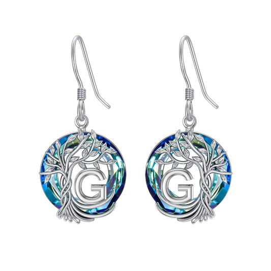 TOUPOP Tree of Life Initial Earrings Sterling Silver Initial G Letter Drop Dangle Earrings Blue Circle Crystal Family Tree Jewelry Birthday Mothers Day Gifts for Women Mom Her