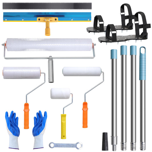 Self Leveling Cement Tool Kit- Epoxy Floor Tool Kit Includes Self-Leveling Rake, 2 Spiked Roller, 2 Flooring Construction Painter Roller, 16“-63” Telescopic Poles, Epoxy Spike Shoes and Gloves