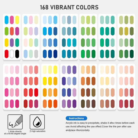 168 Colors Acrylic Paint Markers, Acrylic Ballpoint Pens Bullet Tip 1.0 mm, High Gloss Gel Pens, Non-Bleed Ink, Odorless, Quick-Drying, Smoothly for Detail Work, Writing, Doodling, Note taking