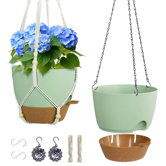 Meowell 10 inch Self Watering Hanging Planters for Indoor Plants, 2 Pack Hanging Baskets for Outdoor Plants, Hanging Flower Pots with Drainage Holes & 2 Kinds of Plant Hangers for Home Decor, Green