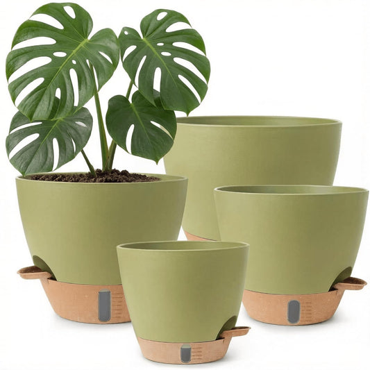 moniko Plant Pots 12/10/9/8 Inch Self Watering Pots, Plastic Flower Pots with Multi Mesh Drainage Holes and Water Level， Nursery Planting Pot for Indoor Out Door Plants（Green）