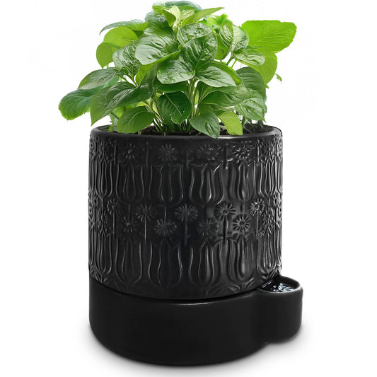 AmiCera Ceramic Plant Pots, Ceramic Outdoor Planters with Drainage Holes, Modern Planters for Indoor Plants, Black Flower Pot Relief Design, Decorative Gardening Gift for Plant Lover, 5.5 Inch