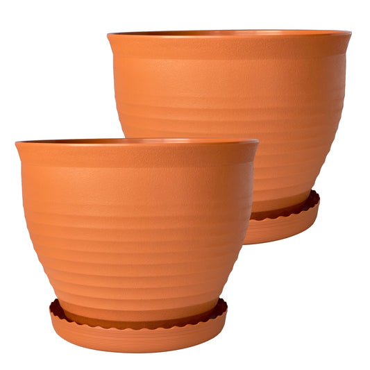 OUMUHE 13.8 Inch Round Plastic Planters Urns with Drainage and Saucers, Set of 2, Large Flower Pots for Indoor Outdoor Plants, Available in Terracotta & White (Terracotta)