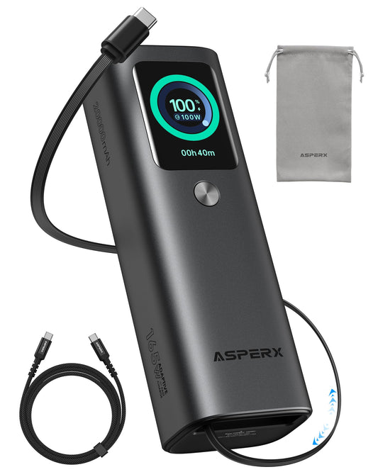 AsperX Laptop Power Bank, 165W 20,000mAh, Retractable Cables, Aluminum Alloy Unibody Portable Charger Power Bank, Battery Bank for MacBook Pro/Air/iPhone 17/iPad Pro/S25 Ultra/Dell/HP(TSA-Approved)