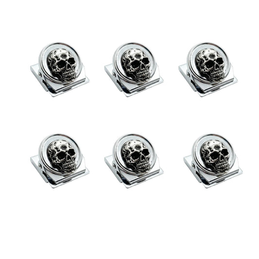 Silver Skull Fridge Magnets Set of 6 Gothic Decorative Strong Hold for Kitchen Office Whiteboard (Silver Skull Clips)