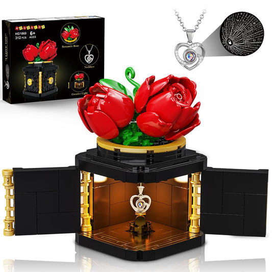 HOGOKIDS Flowers Box Building Set with LED & Necklace, for Mom/Wife, 312PCS Preserved Rose with Heart Necklace for Adults Women on Birthday Anniversary, I Love You in 100 Languages