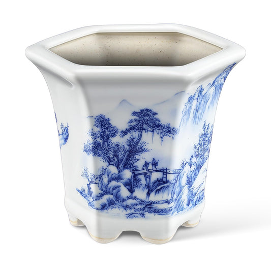 Yardenfun Blue and White Porcelain Planter Pot for Indoor Plants Small Ceramic Succulent Flowerpot Asian Style Oval Home Garden Decor