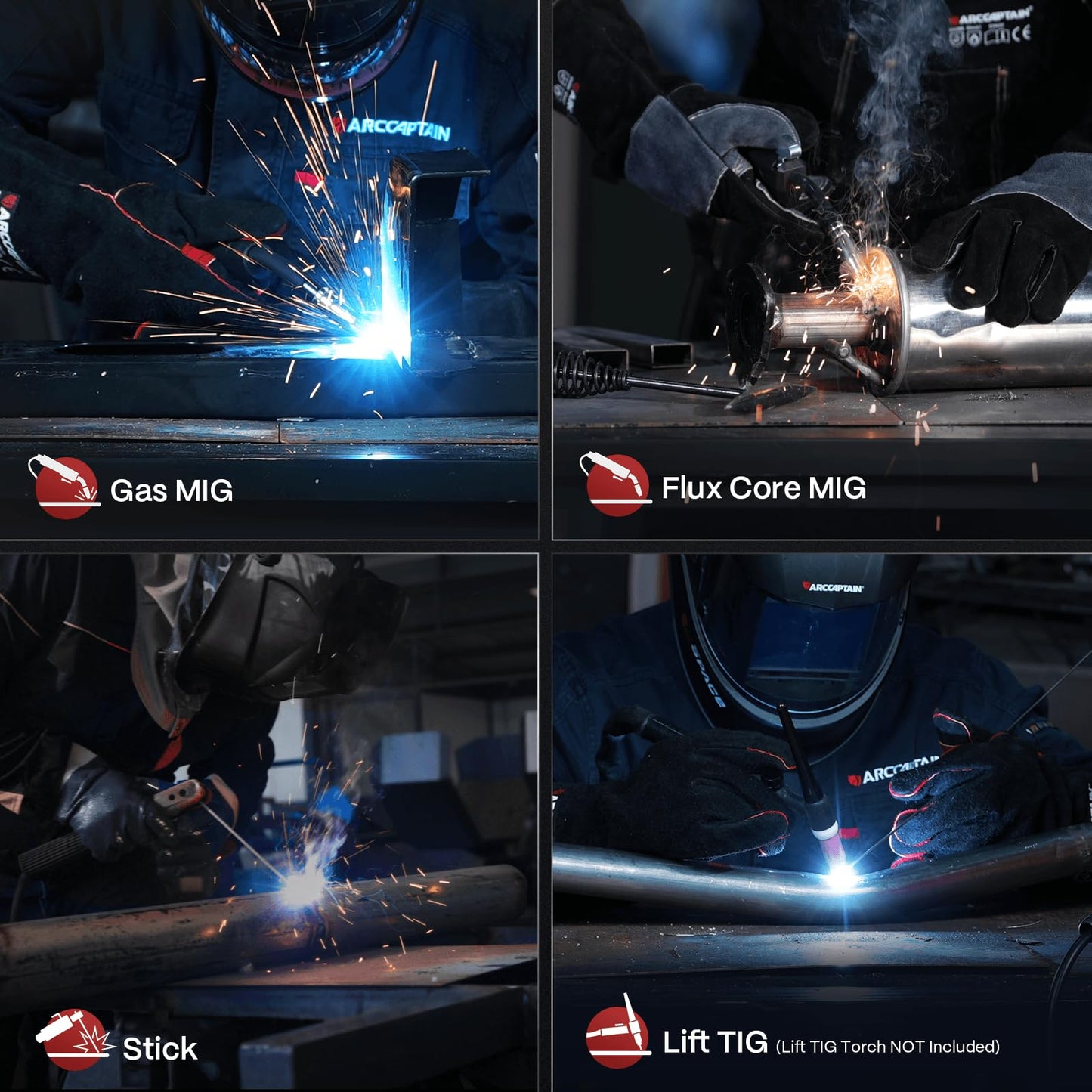ARCCAPTAIN 165A MIG Welder 110V/220V, 2025 Newest [Large LED Display] 4 in 1 Gasless/Gas MIG/Lift TIG/Stick Welding Machine Multiprocess Welder Machine, IGBT Inverter Welder with Synergy, 2T/4T