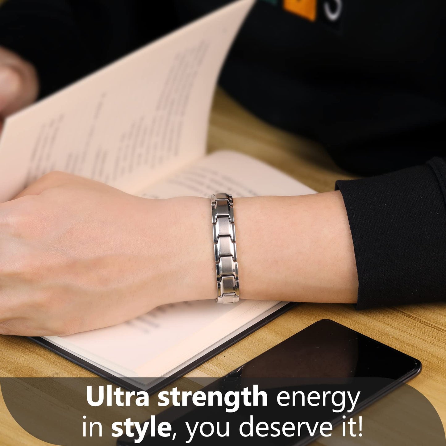 Feraco Mens Magnetic Bracelet Titanium Steel Magnet Therapy Bracelets with Sizing Tool, Silver