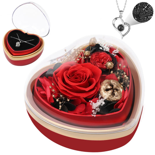 Casaido Preserved Real Rose with I Love You Necklace in Heart Box, Mothers Day Rose Gift for Her, Red Eternal Flower Christmas Valentines Day Birthday Gifts for Women Mom Wife Girlfriend Grandma