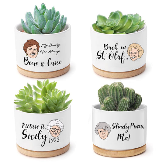 Mikopei Golden Girls Merchandise - Funny Succulent Pots Set of 4, Golden Girls Gifts for Women, Ceramic Mini Cute Planters with Bamboo Tray for Office Desk Indoor Decorations