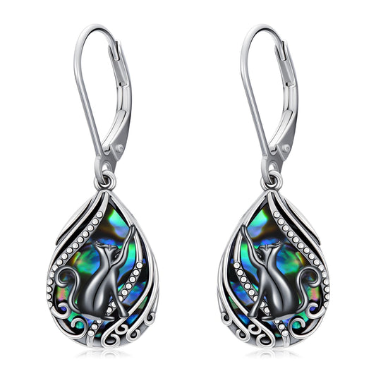 YYmqmq Black Cat Earrings for Women 925 Sterling Silver Abalone Filigree Dangle Drop Earrings Leverback Black Cat Jewelry Gifts for Women Girlfriend Mom