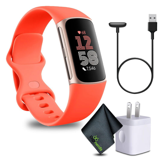 Fitbit Charge 6 Fitness Tracker Smartwatch with Heart Rate, GPS, Health Tools - Fit Bit Smart Watch for Men and Women, Gold Case w/Coral Bundle with Cleaning Cloth and Charger