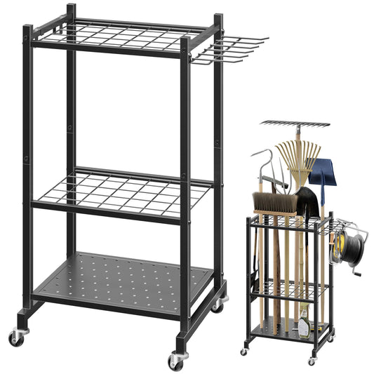 LAKEMID Garden Tool Organizer Stand with Wheels,Yard Tool Organizer for Garage with 2 Hooks, Rack Up to 42 Tools,Broom Holder & Garden Tool Rack for Shed, Patio, Outdoor Use