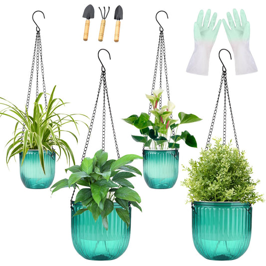 JxyHauteresce 4 Pack Self Watering Hanging Planters with Drainage Holes –Hanging planters for Indoor Plants, Flowers, Succulents – Lightweight, Durable Hanging Baskets Green