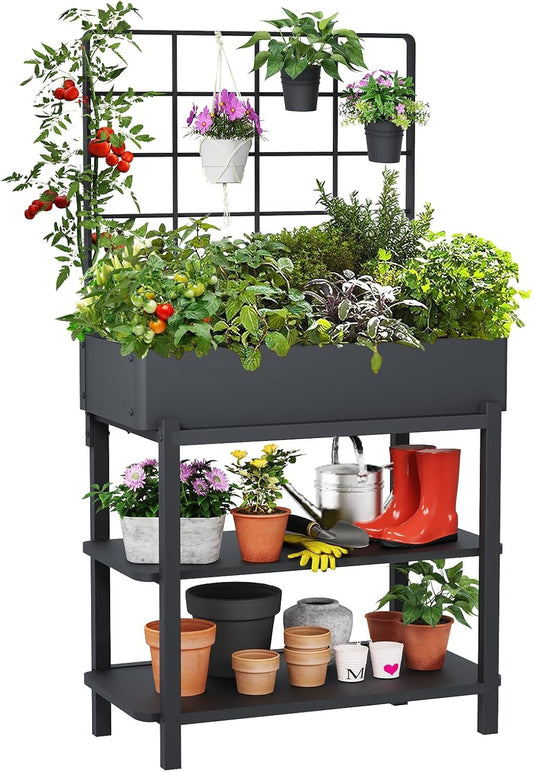 FOYUEE Metal Raised Garden Bed with Trellis & 2-Tier Storage Shelf, Elevated Planter Box with Legs -Includes 3 Flower Pots, Outdoor Vertical Garden for Vegetables Herbs Climbing Plants Patio Balcony