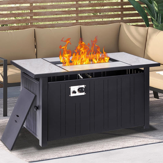 OutVue 47" Propane Fire Pit Table with Real Ceramic Tabletop, 50000 BTU Gas Firepit Table with Lid & Lava Stones, Outdoor Fire Pit for Dining or Party, Firepit for Outside, Patio
