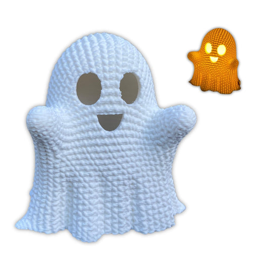 Cute Crocheted Ghost – 3D Printed Ghost Decor with Knitted Look | LED Tea Light Halloween Decoration (Light Not Included) | Cozy Spooky Season Home Accent