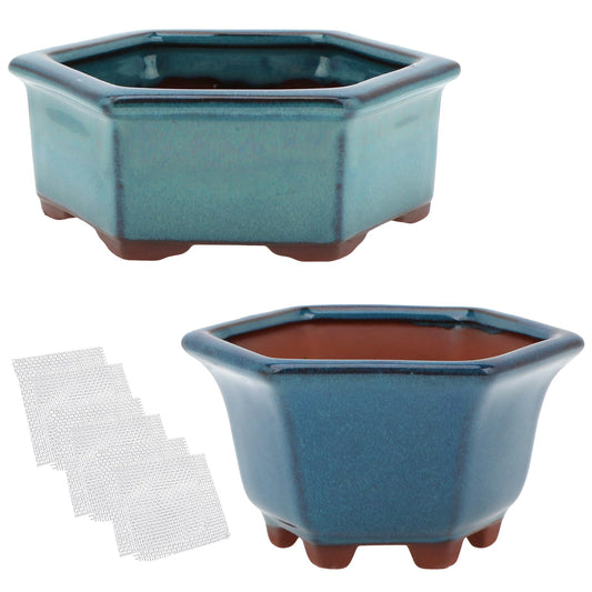 Bonsai Planter 2pc Small Succulent Glazed Pots 4.9" and 6.1" + 6 Soft Mesh Drainage Screens
