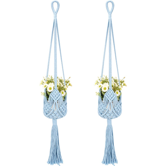 BUNCHBRAVO 2 Pack Macrame Plant Hangers, 33-Inch Cotton Rope Hanging Planters with Diamond Design, Boho Home Decor for Indoor and Outdoor Use, Blue