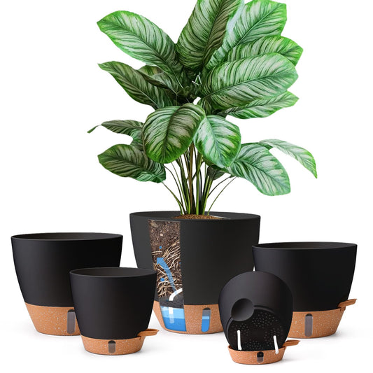 T4U 5 Pack Self Watering Pots (6"+8"+9"+10"+12") - Water Level Indicator & Deep Reservoir, Mess-Free Planters for Busy People, Beginners & Gardeners, Fit Most Plants, Indoor Outdoor Use (Black)