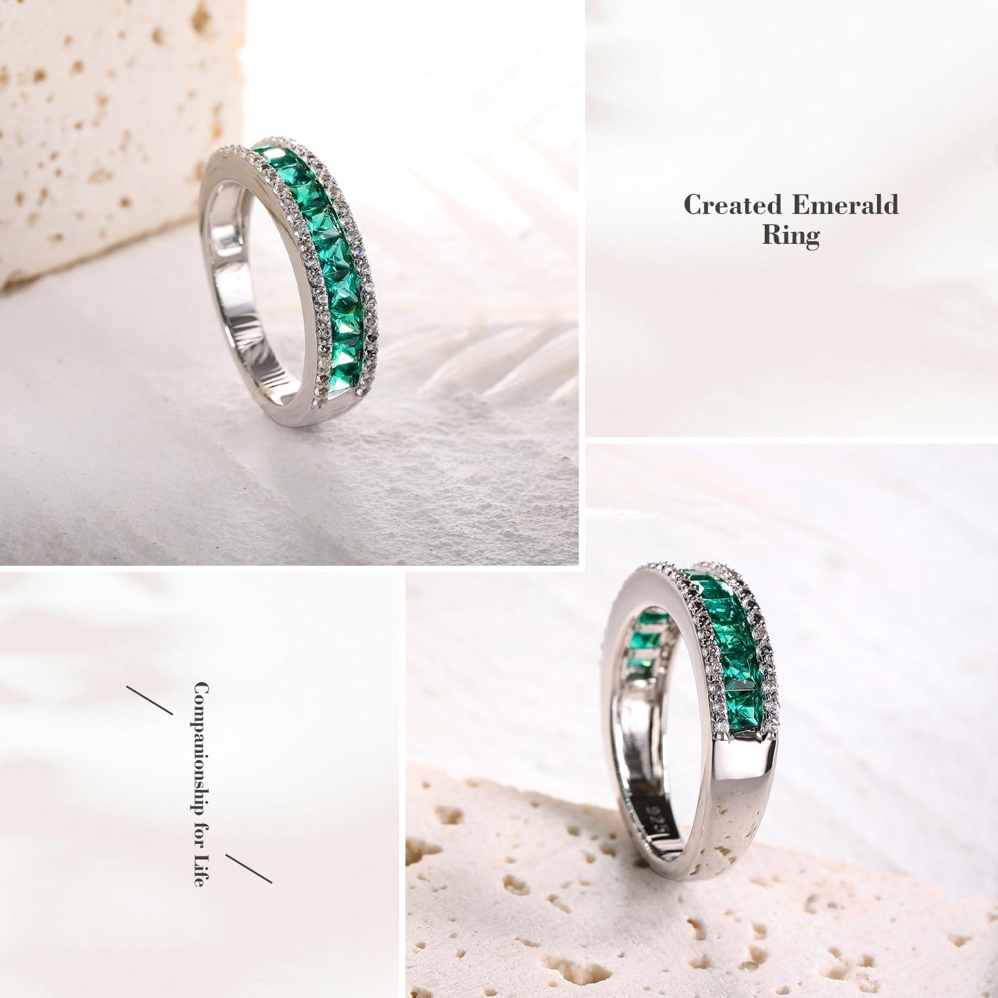 RANDES Emerald Promise Rings for Her 925 Sterling Silver Created Green Stone Engagement Wedding Band Ring Anniversary Jewelry Size 6.5