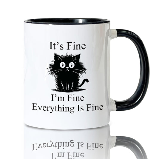 Foyoulame Black Cat Gifts Funny Coffee Mugs - Black Cat Mug, Funny Sarcastic Cats Coffee Teacup, Cat Lover Gifts for Women, I'm Fine Everything is Fine Ceramic CoffeeMug 11oz