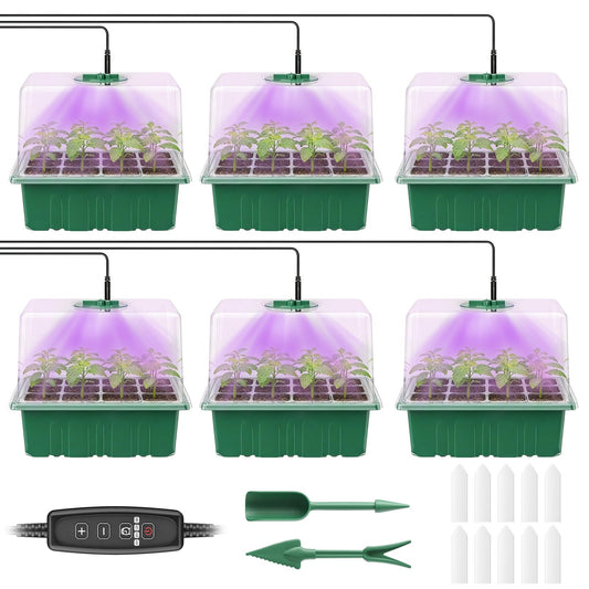 Pawfly 6 Pack Seed Starter Kit, 72 Cells, Seed Starter Trays with Adjustable Grow Lights & 3.9" Humidity Domes, Indoor Seedling Starter Trays, Reusable Plant Germination Trays, Seed Starting Trays