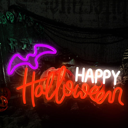 Treela Halloween Neon Sign Happy Halloween Sign Wall Decor LED Neon Window Lights USB Powered Bat Light up Bat for Wall Bedroom Living Room Bar Office Decorations