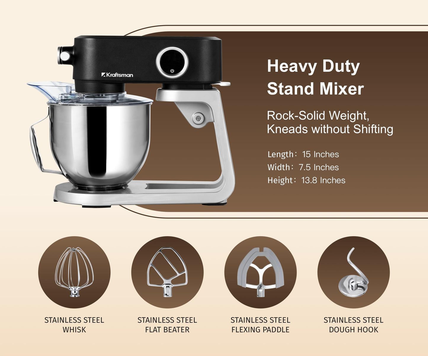 Kraftsman Stand Mixer All Metal - Heavy Duty Kitchen Standing Mixer 5.3 Quart with 4 Stainless Steel Attachments, DC Motor & Multifunctional Power Hub, 8-Speed & Timer, Lower Noise (Black)