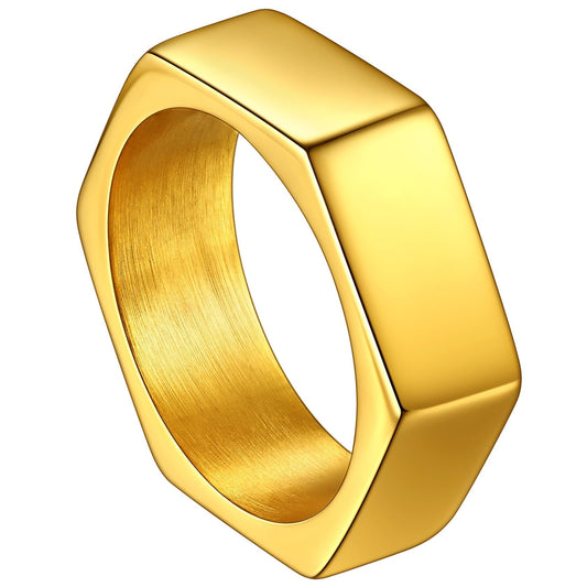 ChainsHouse Gold Hexagon Geometric Ring for Men Women, Cool Punk Hip Hop Biker Band Rings(Size 7)